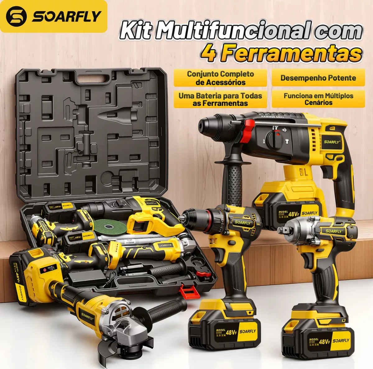 Kit Multifuncional 4 em 1 com Furadeira, Martelete, Chave de Impacto e Esmerilhadeira